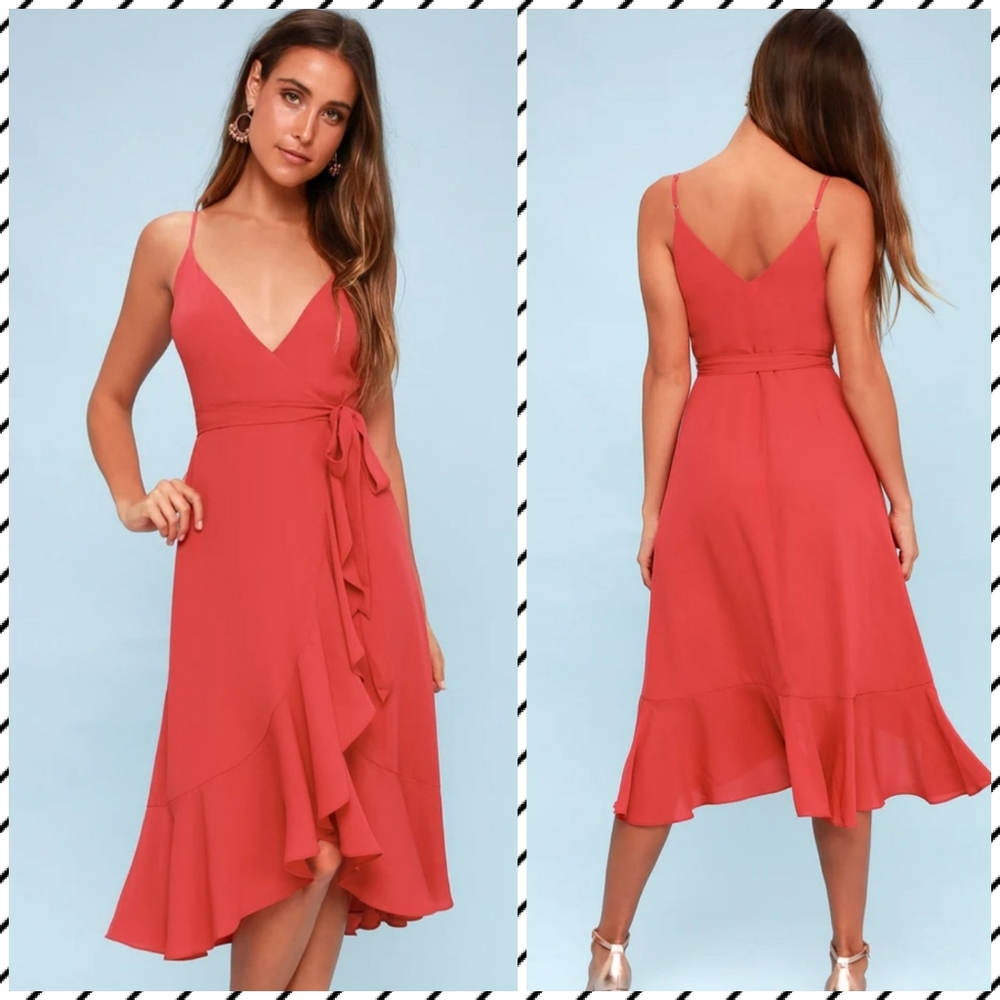 Lulu's Manhattan Moment Ruffled Midi Wrap Dress in Berry Pink